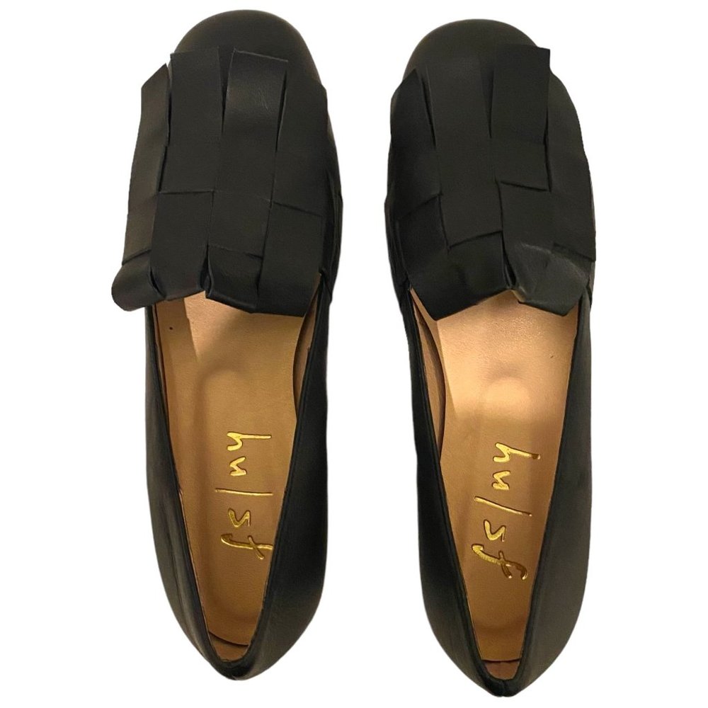 French Sole NY Black Loafers with Leather Weaving Size 7 1/2 B